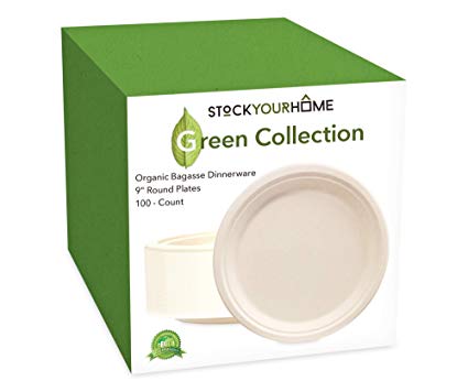 9-Inch Compostable Luncheon Plates- Eco Friendly Natural Bagasse Sugarcane Dinnerware Set, 100-Count