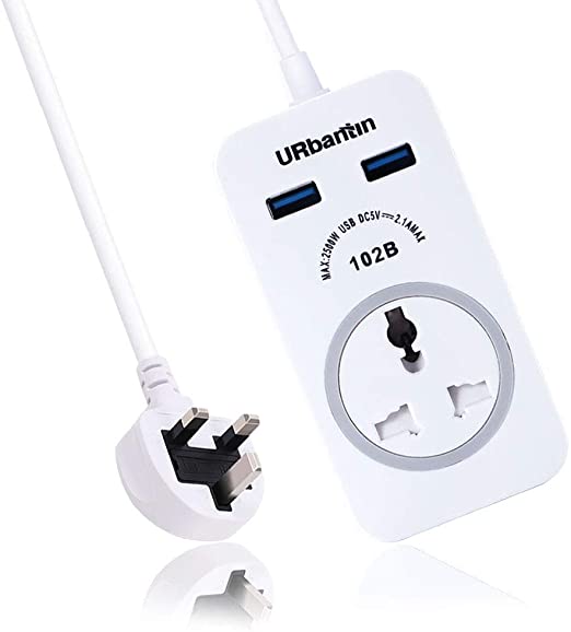 URbantin Portable Extension Lead with 2 USB Slots UK Fuse Plug, 1 Way Outlet Surge Protection Power Strip 1.8M Long Cable Extension Cord for Travel Home Office Supplies (White)