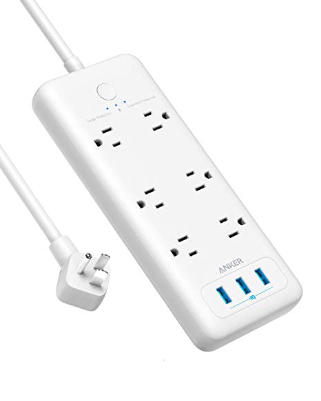 Surge Protector Power Strip, Anker 6 Outlet & 3 PowerIQ USB Charging Ports USB Power Strip, PowerPort Strip 6 with 6.6 Foot Long Extension Cord, Flat Plug, for Home, Office, and More (1280 Joule)