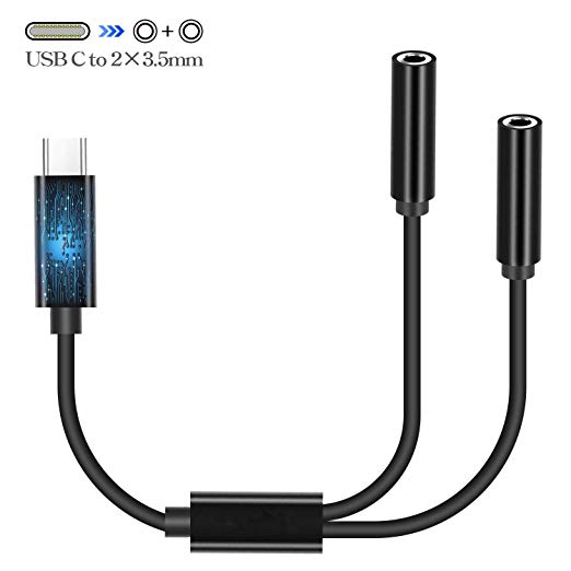 USB C to Dual 3.5mm Headphone Adapter, Aproo Dual 3.5mm Audio Female with Hi-Res DAC Chip Compatible with Pixel 2/2XL/3/3XL, iPad Pro 2018, HTC, Essential Ph-1,OnePlus 6T/7/7 Pro