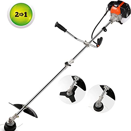 COOCHEER 42.7cc String Trimmers 2-in-1 Weed Eater Gas Straight Shaft Weed Trimmer/Brush Cutter 2-Cycle with U-Handle, 2 Different Trimming Head for Small Grass/Heavy Bush(Orange)