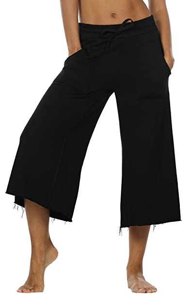 icyzone Culottes Capri Pants for Women - Elastic Waist Wide Leg Joggers Casual Lounge Cotton Sweatpants with Pockets