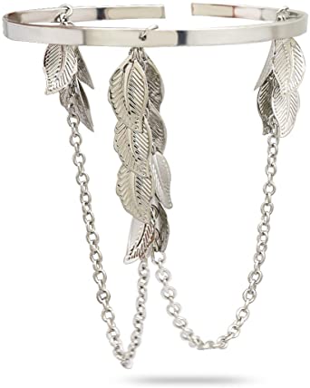 RechicGu Roman Greek Silver Leaf Feather Chain Tassels Bracelet Armband Upper Arm Cuff Armlet