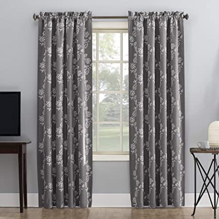 Sun Zero Laurita Floral Embroidery Theater Grade Extreme 100% Blackout Rod Pocket Curtain Panel, 52" x 84", Steel Gray