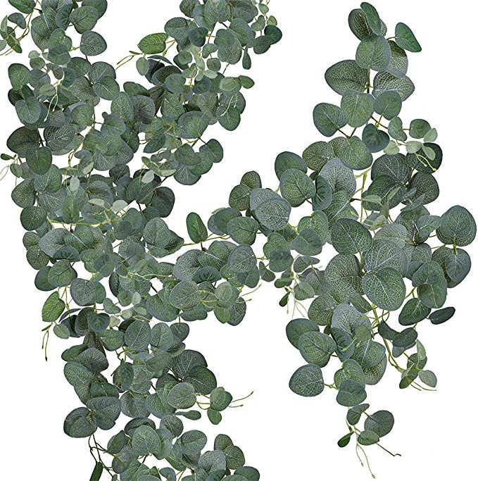 Supla 2 Pack 6' Long/Pcs Faux Eucalyptus Garland Artificial Hanging Silver Dollar Eucalyptus Leaves Garland Farmhouse GarlandDecorative Wedding Arch Swag Greenery Twig Garland Indoor Outdoor Decor