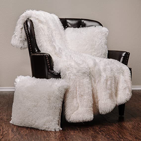 Chanasya 3-Piece Super Soft Shaggy Throw Blanket Pillow Cover Set - Chic Fuzzy Faux Fur Elegant Cozy Fleece Sherpa Throw (50"x65")& Two Throw Pillow Covers (18"x 18")- For Bed Couch Chair Sofa - White