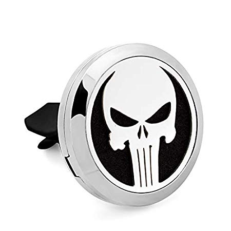 Aromabug Regular Size (Punisher) 30mm Car Aromatherapy Essential Oil Diffuser Stainless Steel Locket Air Freshener with Vent Clip 7 Pads 3 Oils Included