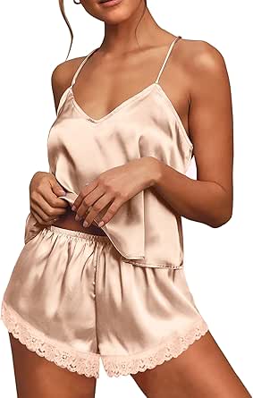 Ekouaer Satin Pajamas Women Lace Sleepwear Lingerie Cami Shorts Set Nightwear XS-XXL