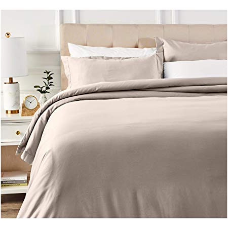 AmazonBasics 400 Thread Count Cotton Duvet Cover Bed Set with Sateen Finish - Full or Queen, Stone Grey