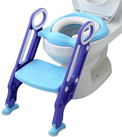 Mangohood Potty Training Toilet Seat with Step Stool Ladder for Boy and Girl Baby Toddler Kid Children's Toilet Training Seat Chair with Soft Padded Seat and Sturdy Non-Slip Wide Step (Blue Purple)