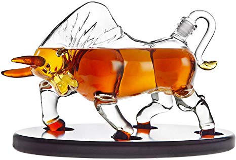 Animal Whiskey Decanter Bull On Wooden Display Tray - For Liquor Scotch Vodka or Wine - 500ml
