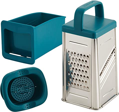 Rachael Ray Tools and Gadgets Stainless Steel Box Grater for Vegetables, Chocolate, Hard Cheeses, and more, Teal Blue