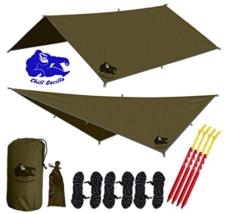 Chill Gorilla 12x12 Hammock Rain Fly Camping Tarp. Ripstop Nylon. 203" Centerline. Stakes, Ropes & Tensioners Included. Camping Gear & Accessories. Perfect Hammock Tent. Multiple Colors.