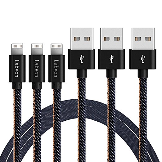 Labvon iPhone USB Hand-sewn Cowboy Leather Cable Set Syncing and Charging Cord with Leather Buckle, 3 Pieces (3.3ft) (Blue)