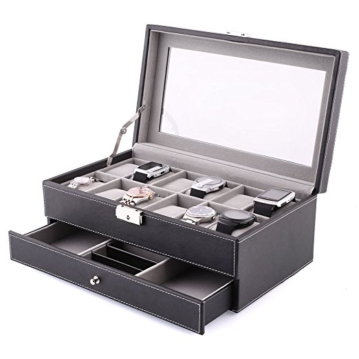 Amzdeal Leather Watch Box 12 Slot with Jewellery Storage Drawer, Black