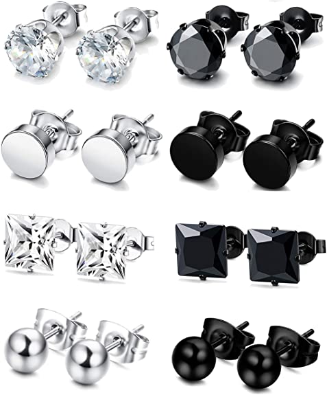 LOLIAS 8 Pairs Stainless Steel CZ Stud Earrings Set Men Women Unisex Ear Piercing Jewelry,6mm