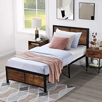 VECELO Twin Platform Bed Frame with Rustic Vintage Wood Headboard, Mattress Foundation, Strong Metal Slats Support, No Box Spring Needed