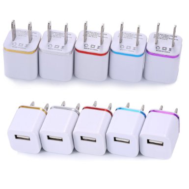 Wall Charger, Bundle 10 Pack 5W 1A/5V 2-Tone Universal USB Travel Home Wall Charger Power Adapter for IPhone 6/6S Plus 5S Se Ipod Nano Samsung HTC LG Huawei Google ZTE BLU 5/6/7 More Android Phone
