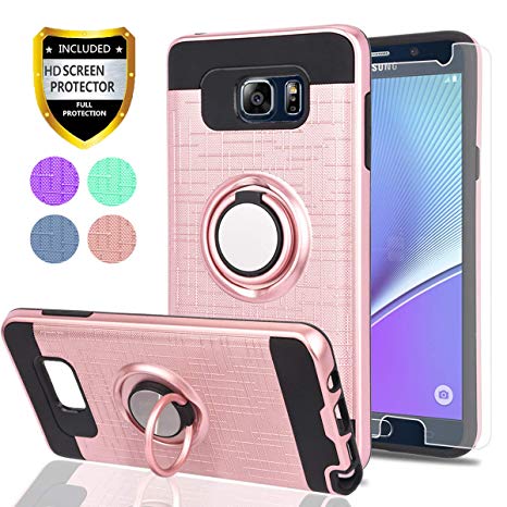 Note 5 Case,Galaxy Note 5 Case with HD Phone Screen Protector,Ymhxcy 360 Degree Rotating Ring & Bracket Dual Layer Resistant Back Cover for Galaxy Note 5-ZH Rose Gold