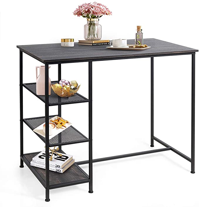 COSTWAY Counter Height Pub Table, Modern Bar Table with 3 Open Storage Shelves, Dining Table with Metal Frame for Small Space, Dining Room, Living Room, Breakfast Nook, Bar, Black