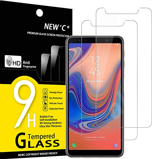 NEW'C 2 Piezas, Protector Pantalla para Samsung Galaxy A7 (2018), Cristal templado Antiarañazos, Antihuellas, Sin Burbujas, Dureza 9H, 0.33 mm Ultra Transparente, Ultra Resistente