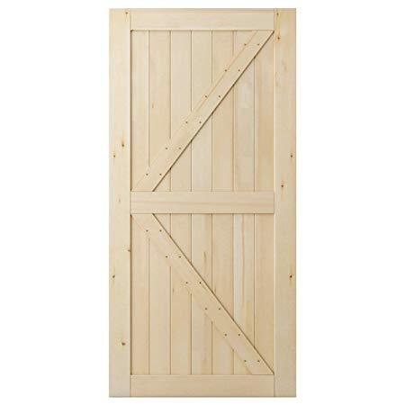 SmartStandard 42in x 84in Sliding Barn Wood Door Pre-Drilled Ready to Assemble, DIY Unfinished Solid Cypress Wood Panelled Slab, Interior Single Door Only, Natural, K-Frame (Fit 8FT Rail)