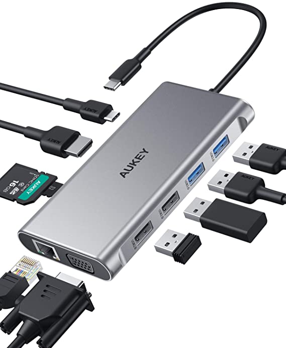 AUKEY USB C Hub 10-in-1 Type C Adapter with Ethernet, 4K HDMI,VGA,2 USB 3.0,2 USB 2.0,100W PD,USB-C Data Port and SD/TF Docking Station for MacBookPro/Air(Thunderbolt 3) and Other USB-C Laptops