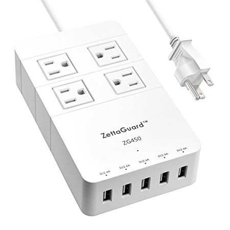 Zettaguard Mini 4-Outlet Travel Power Strip / Surge Protector with USB Charger, White (ZG450)