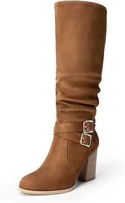 DREAM PAIRS Women's Knee High Boots Slouchy Chunky Heeled Buckle Long Boots for Women Side Zipper Tall Boots