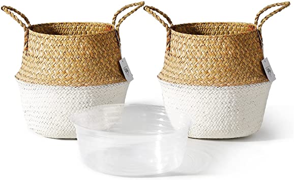 POTEY 720401 2 Pack Seagrass Plant Basket - Hand Woven Belly Basket with Handles, Storage Laundry, Picnic, Plant Pot Cover, Home Decor and Woven Straw Beach Bag (Middle,Brown White)