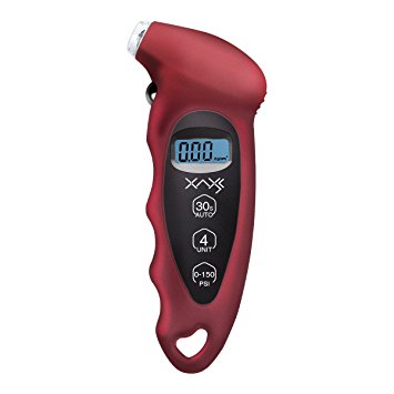 Tyre Pressure Gauge, AXESX Digital Tyre Pressure Gauge 150 PSI Ergonomic 4 Settings with Backlit LCD Display and Non Slip Grip for Cars, Trucks, Motorcycles and Bicycles, Red