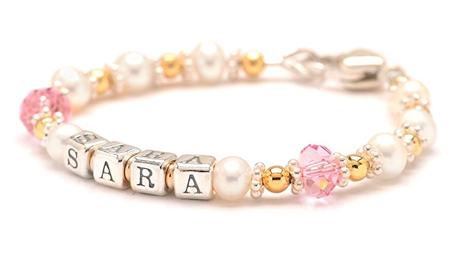 Christening Bracelet Jewelry Gift for Baby Girls - Cultured Freshwater Pearls & Pink Crystal Name Bracelet