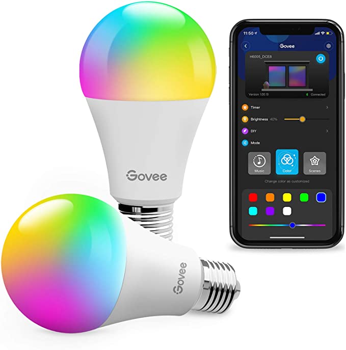 Govee LED Light Bulbs, Dimmable RGBWW Color Changing Bluetooth Light Bulb with App Control, Music Sync, 9W 60W Equivalent Smart Bulbs, A19, E26, for Home Living Room Bedroom Party (2 Pack)