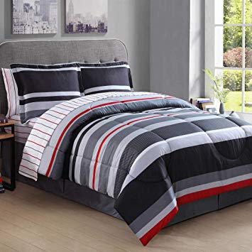 8pc Boys King Rugby Stripes Comforter Set, Colors, Gray White Grey Black Red Stripes Bedding Pattern, Horizontal Striped Rugby Bed Bag Sheet Set