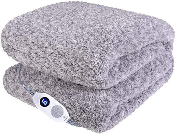 Westinghouse Electric Blankets Heated Throw Soft Cozy Sherpa Heating Blanket, 6 Heat Settings & 4 Hours Auto Off Grey Back Printing 50x60in