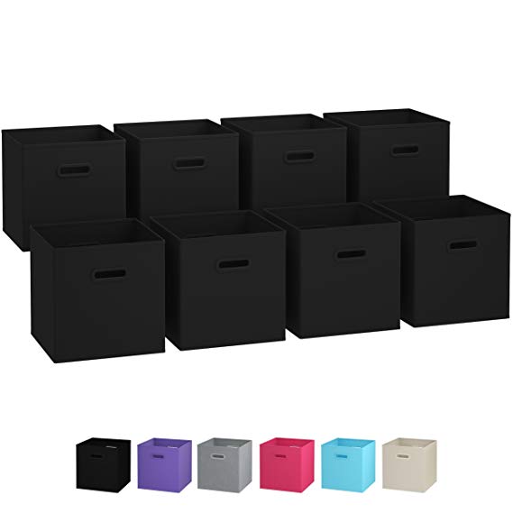 Royexe Set of 8 Foldable Fabric Storage Cube Bins | Collapsible Cloth Organizer Baskets Containers | Folding Nursery Closet Drawer | Features Dual Plastic Handles (Black)