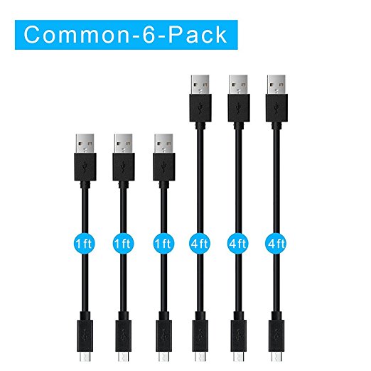 Micro USB Cable Android, Covery 6 Pack（1ft, 4ft）Micro USB Cable High Speed USB 2.0 for Android Devices, Samsung Galaxy, Sony, Motorola and More (Common-6-Pack)