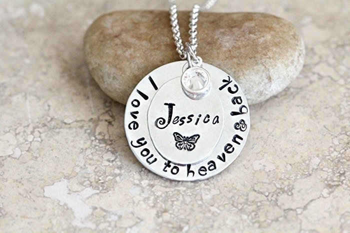 I love you to heaven and back personalized sterling silver or aluminum necklace with silver Swarovski crystal birthstone channel charm of your choice