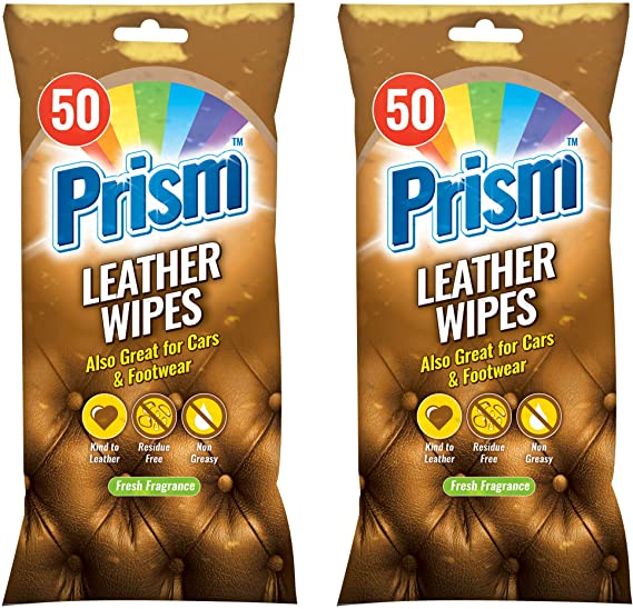 Prism 100pk Leather Cleaning Wipes | 2 x 50pk Non Greasy, Residue Free Leather Surface Wipes
