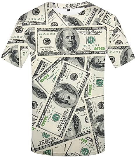 KYKU Mens 100 Dollar Bill T Shirt 3D Print Money Tshirt Funny T-Shirt Short Sleeve