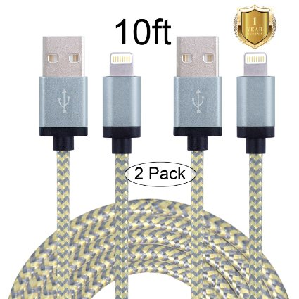 Mscrosmi USB Nylon Braided Lightning Cable, 10-Feet (2-Pack) - Gold / Gray