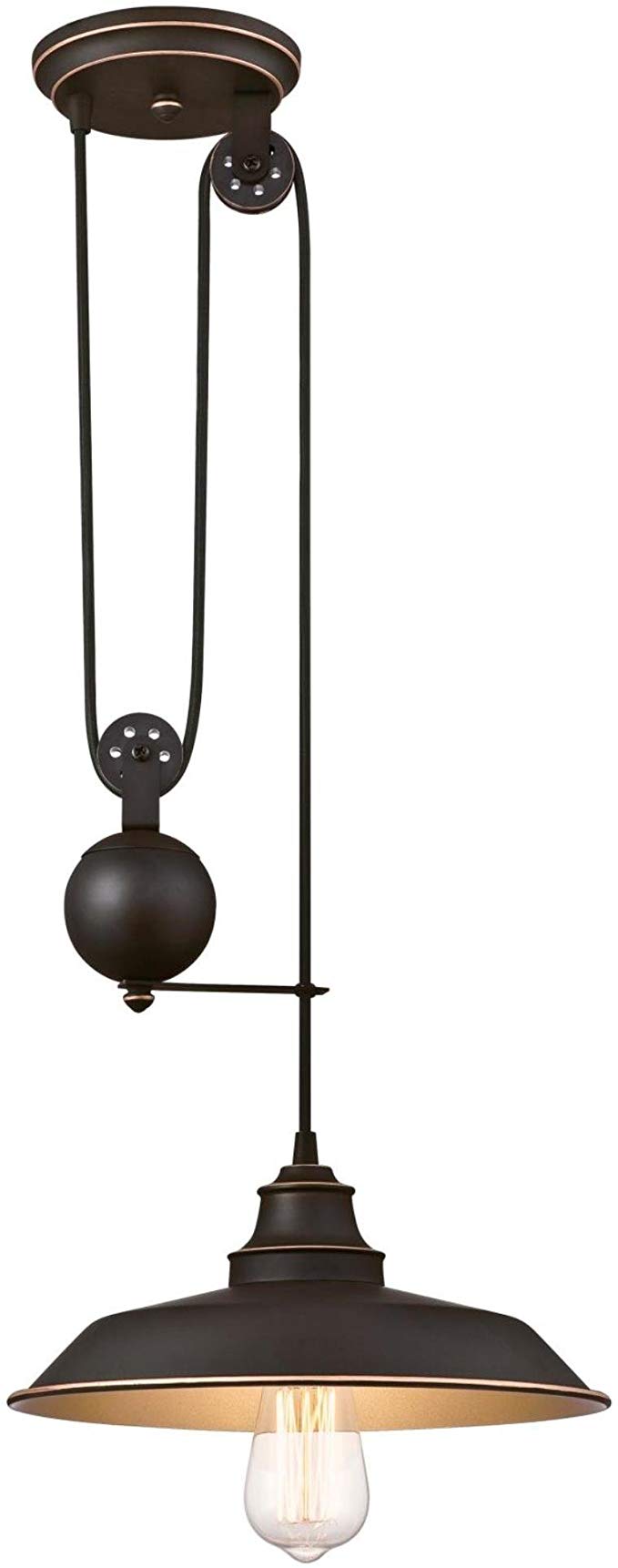 Westinghouse Lighting 6363200 Iron Hill One-Light Pulley, Oil Rubbed Bronze Finish with Highlights and Metal Shade Indoor Pendant, 1