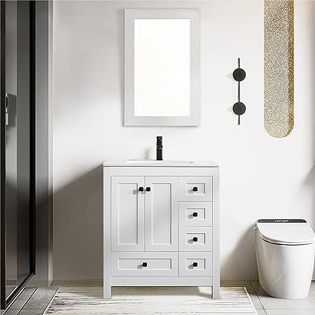 eclife 30" Bathroom Vanities Cabinet with Sink Combo Set, Undermount Ceramic Sink with Thickened Wood, Matte Black Faucet, High-Definition Mirror, White