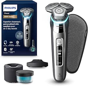 Philips Shaver S9000, rasoir électrique Wet&Dry, système de rasage Lift & Cut et technologie SkinIQ, tondeuse rétractable, Quick Clean Pod, socle de charge, coffret de voyage, argent chromé, S9975/54