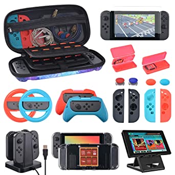 Accessories Kit Bundle for Nintendo Switch, Compact Playstand, Joy-Con Charging Dock, Grips, Racing Wheels, Carrying case, Screen Protectors, Game Card Holders, Caps, 20-in-1 Gift, Starry Pattern