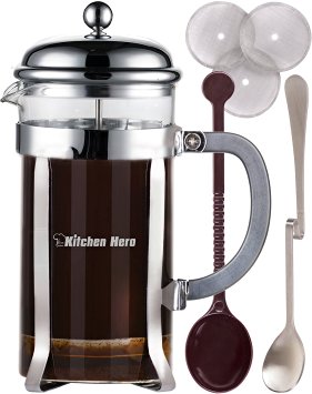 Kitchen Hero French Press Coffee Maker - Best for Hot or Cold Brew, Tea or Espresso. With Stainless Steel Plunger and Large 34 Oz (1 Liter) Heat Resistant Glass Carafe