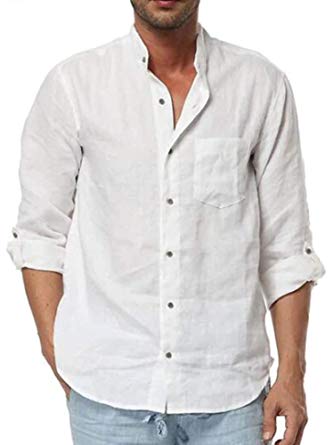 Mens Linen Shirt Casual Button Down Long Sleeve Cotton Curved Hem Lightweight Basic Regular Fit Summer Beach Tops