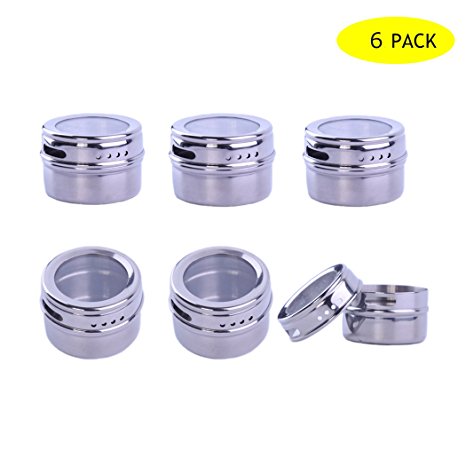 Stainless Steel Spice Jars Storage Containers Set with Clear Top Lid - 6pcs Magnetic Spice Tins by Abimars - Stick on Refrigerator and Grill
