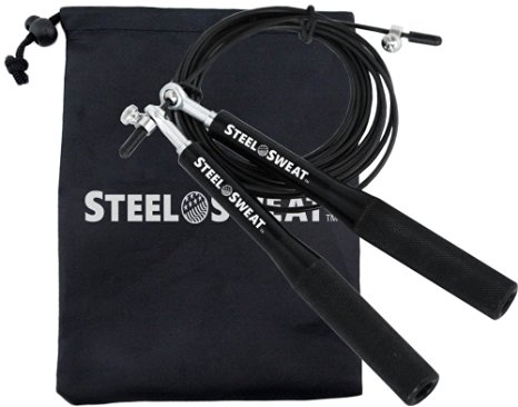 Steel Sweat Speed Rope Jump Rope 10ft - (RopeTITAN) for Crossfit, Workouts, Jumping and WoD Exercise - Master Double Unders - Ultra Speed Cable - Premium aluminium long 6" handles, Silver - FREE Carry Bag