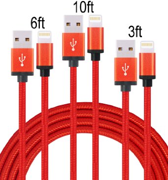 Suplink 3pcs 3FT 6FT 10FT Extra long Cord 8 Pin Lightning to USB Charging Cables for iPhone SE/6/6s/6 plus/6s plus,5c/5s/5,iPad Pro/Air/Mini, iPod Nano/Touch (Red)
